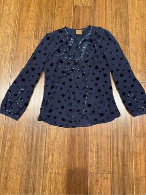 Tory Burch Polka Dot Ruffle Silk Blouse - Navy